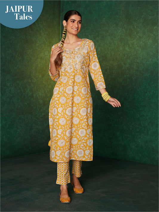 Likha Inayat Blue Jaipuri Printed Naira Cut Co-ord Set LIKSKD142 (Set of 2)