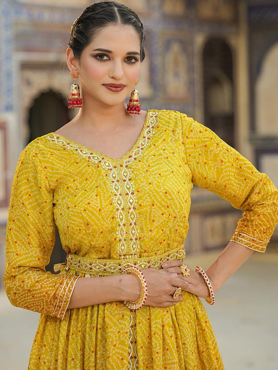 Scakhi Bandhani Printed Mirror Work Gown Maxi Ethnic Dress With Belt