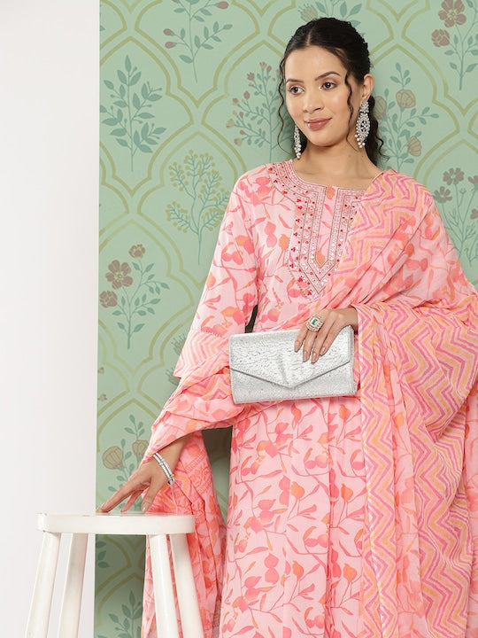 Yufta Women Floral Embroidered Gotta Patti Pure Cotton Kurta with Trousers & With Dupatta