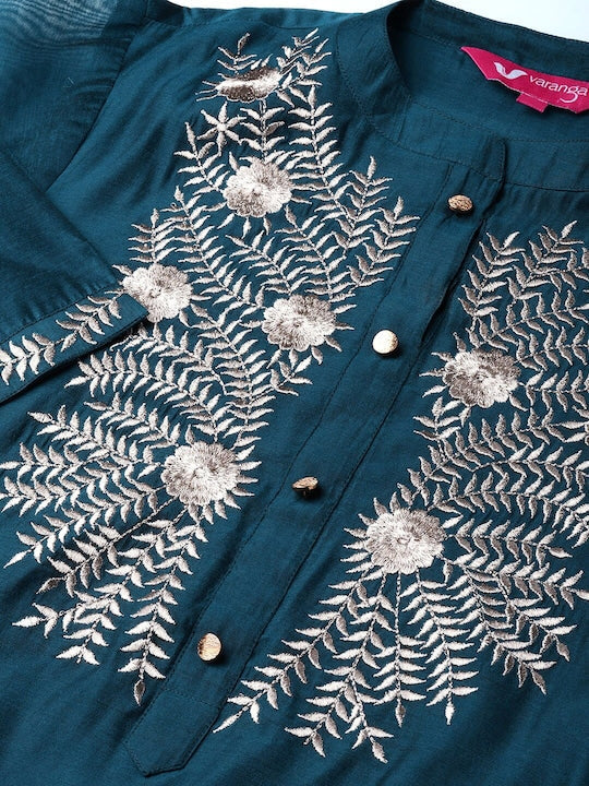 Varanga Women Navy Blue & Grey Ethnic Motifs Embroidered Handloom Kurta with Palazzos