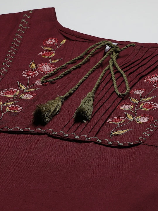 Yufta Women Maroon Floral Embroidered Thread Work Kurta