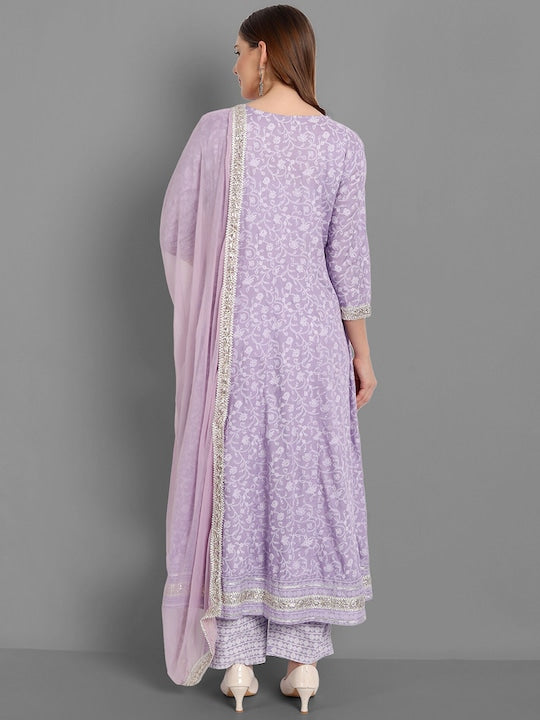Singni Women Purple Ethnic Motifs Embroidered Mirror Work Kurta with Trousers & Dupatta