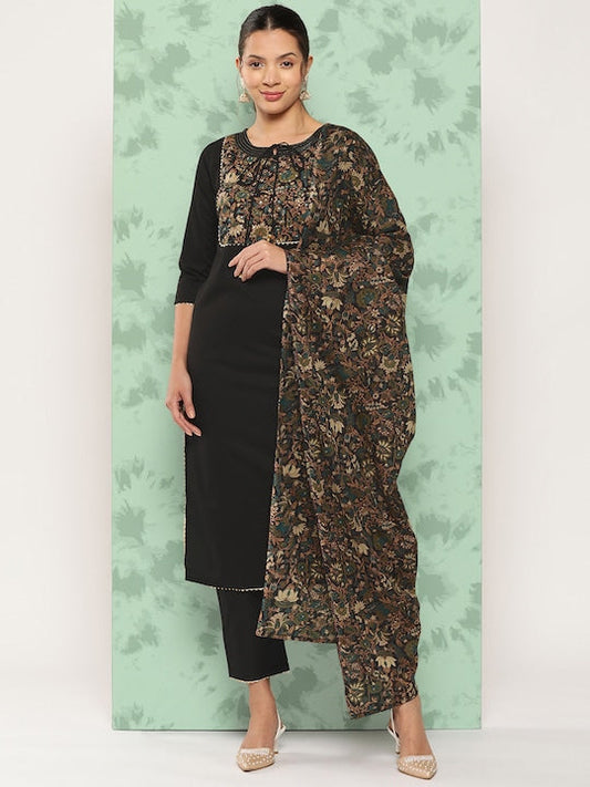 Yufta Floral Yoke Design Gotta Patti Pure Cotton Kurta With Trousers & With Dupatta