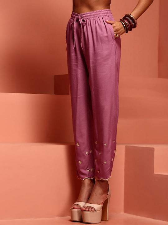 IMARA Floral Yoke Design Thread Work Pleated A-Line Kurta With Trouser