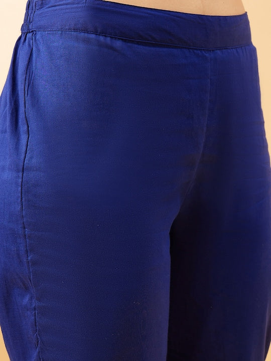 All about you Blue Floral Embroidered Regular Mirror Work Kurta With Trousers & Dupatta