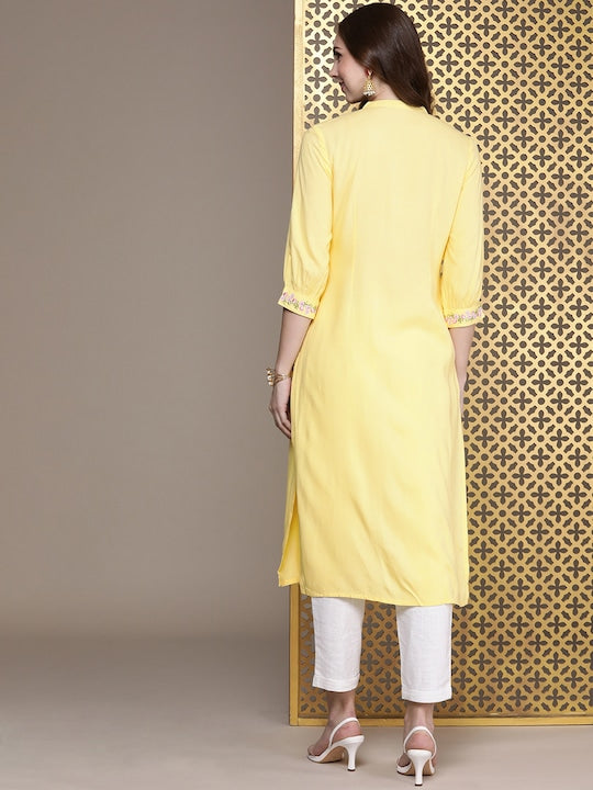 House of Pataudi Jashn Pure Cotton Ethnic Motifs Yoke Design Thread Work Floral Kurta