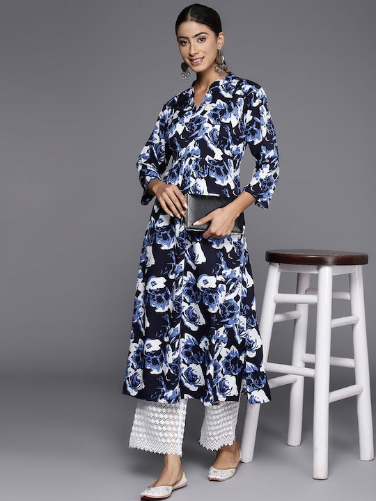 Varanga Floral Printed Mandarin Collar Crepe Kurta