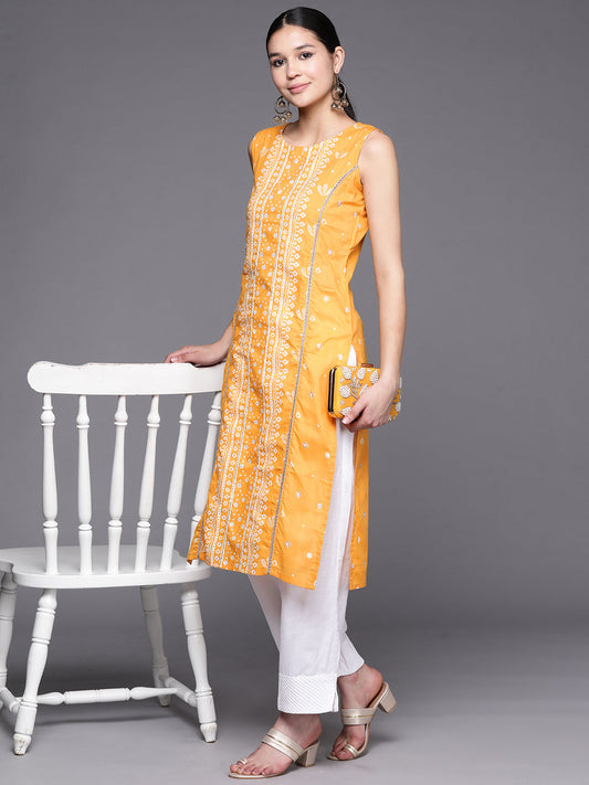Ahalyaa Women's Mustard Pure Cotton Printed Kurta