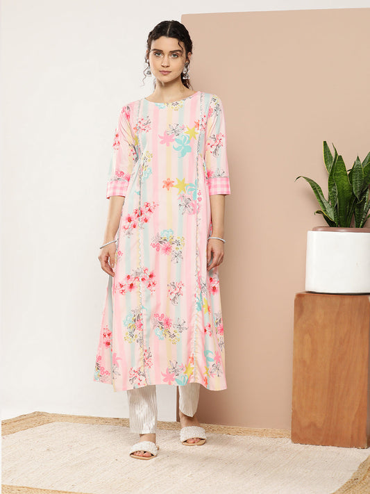 Ahalyaa Women Pink & Green Printed Gotta Patti Floral Crepe Kurta