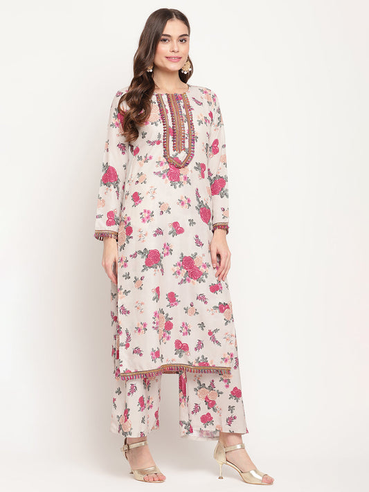 Ahalyaa Floral Printed Round Neck Floral Crepe Straight Kurta