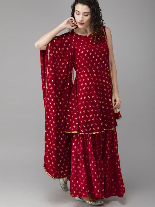 Ahalyaa Women Maroon & Gold Toned Printed Kurti with Sharara & Dupatta