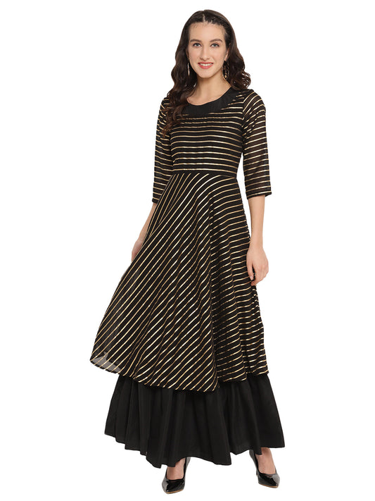 Ahalyaa Women Black & Golden Striped Layered Maxi Dress