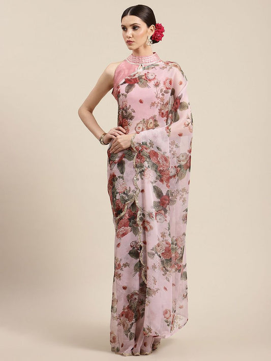 Ahalyaa Women's Pink Chiffon Digital Print Floral Saree