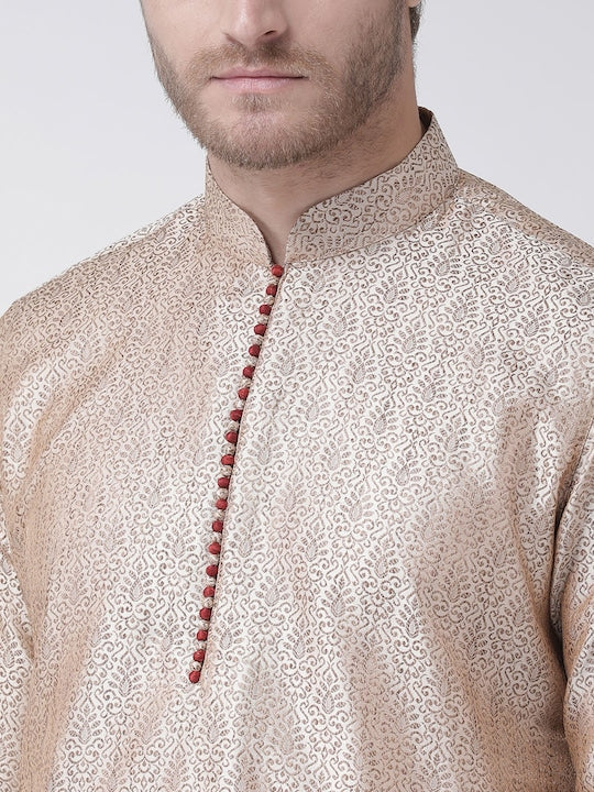 Deyann Men Cream-Coloured & Red Self Design Kurta with Churidar