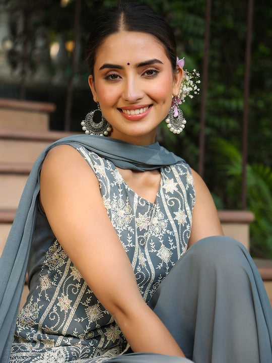 Juniper Women Grey Ethnic Motifs Embroidered Sequinned Kurta with Sharara & Dupatta