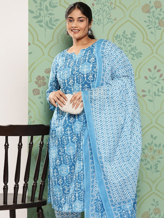 Yufta Plus Size Floral Printed Regular Pure Cotton Kurta with Trousers & Dupatta