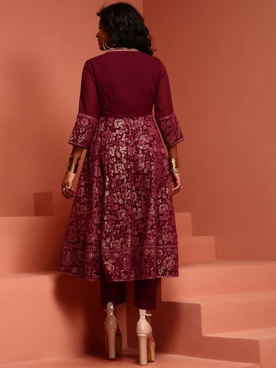 IMARA Ethnic Motifs Printed Mandarin Collar A-Line Kurta With Trousers