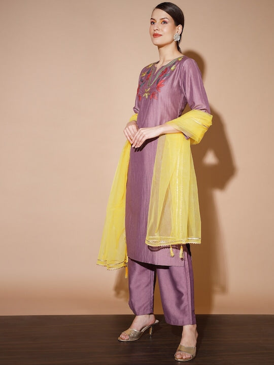 Myshka Embroidered Regular Kurta With Palazzos & Dupatta
