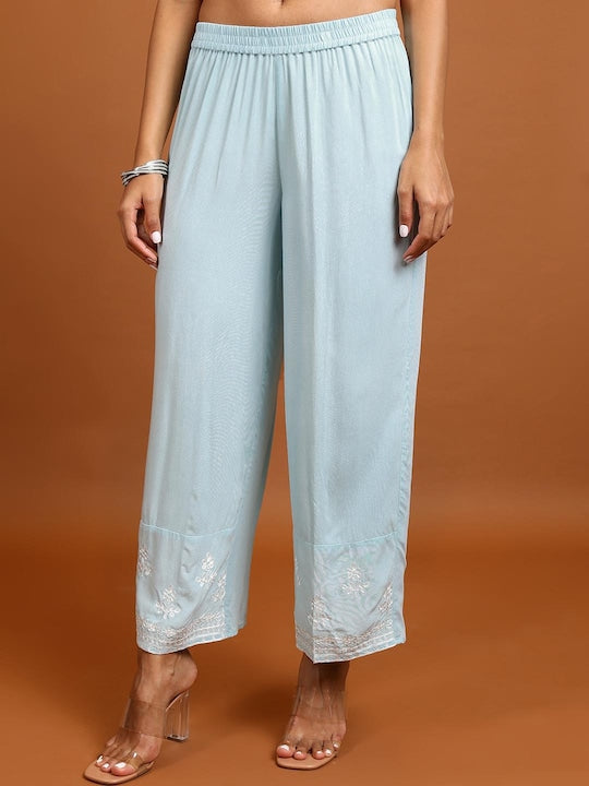 Vishudh Floral Embroidered Thread Work Straight Kurta With Palazzos