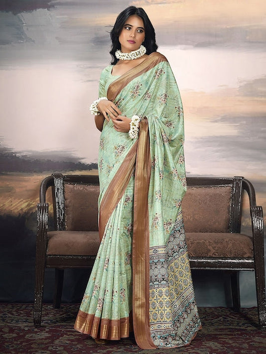 Satrani Green Floral Printed Zari Organza Saree