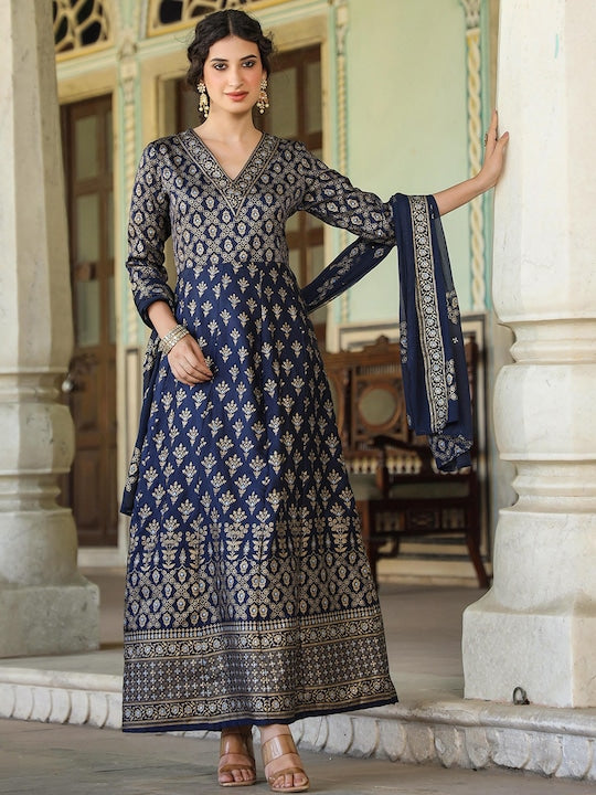 Scakhi Ethnic Motifs Printed Fit & Flared Maxi Ethnic Dress With Dupatta