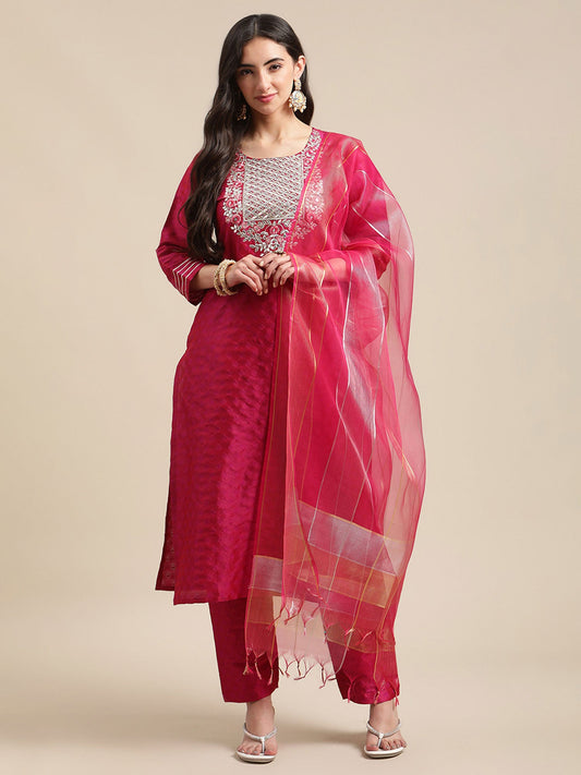 KSUT Magenta Floral Gota Patti Embroidery Kurta Trouser With Organza Dupatta (Set of 3)