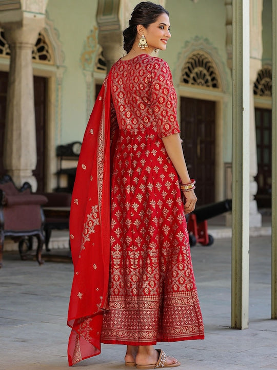 Scakhi Foli Printed V-Neck Silk Fit & Flared Maxi Dress With Dupatta