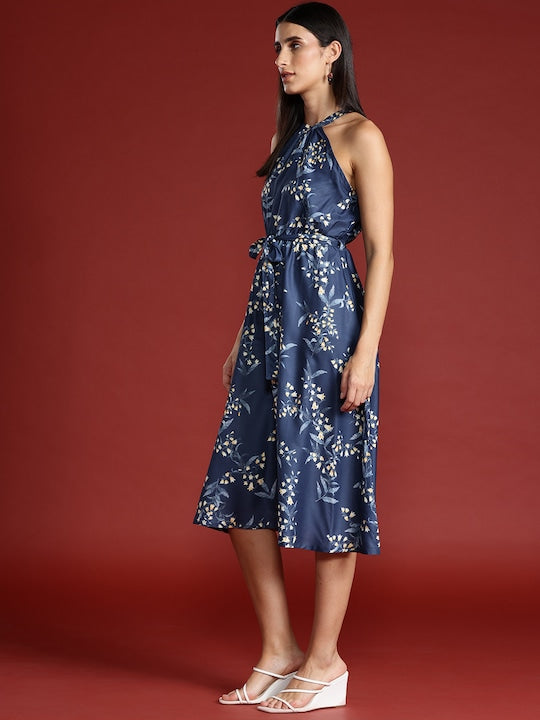 All about you Floral Print Halter-Like Neck Lace Detailed Belted A-Line Midi Dress
