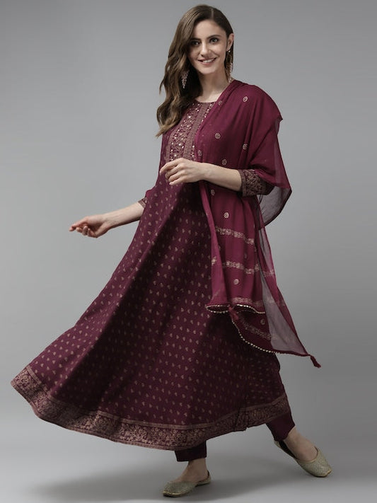 Yufta Women Burgundy Ethnic Motifs Printed Mirror Work Kurta with Trousers & With Dupatta