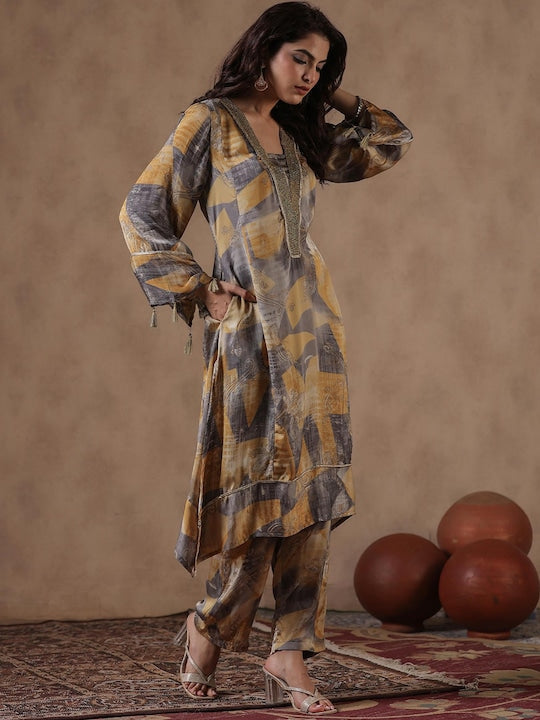 Scakhi Abstract Printed V-Neck Regular Satin Pakistani Kurta With Palazzos