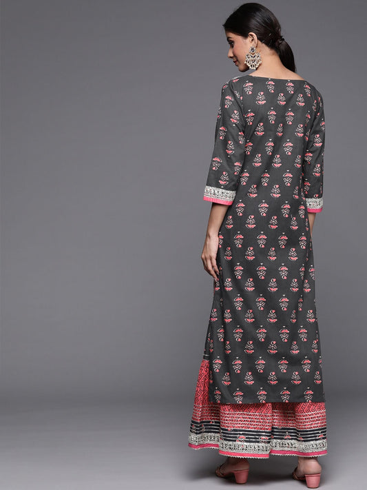 KSUT Women Grey Cotton Blended Printed Straight Kurta Sharara (Set of 2)