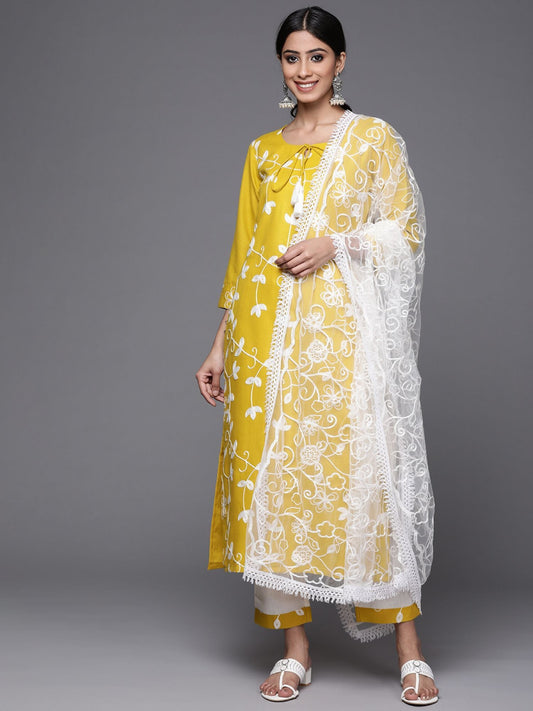 KSUT Women Yellow Embroidered Pure Cotton Kurta (Set of 3)