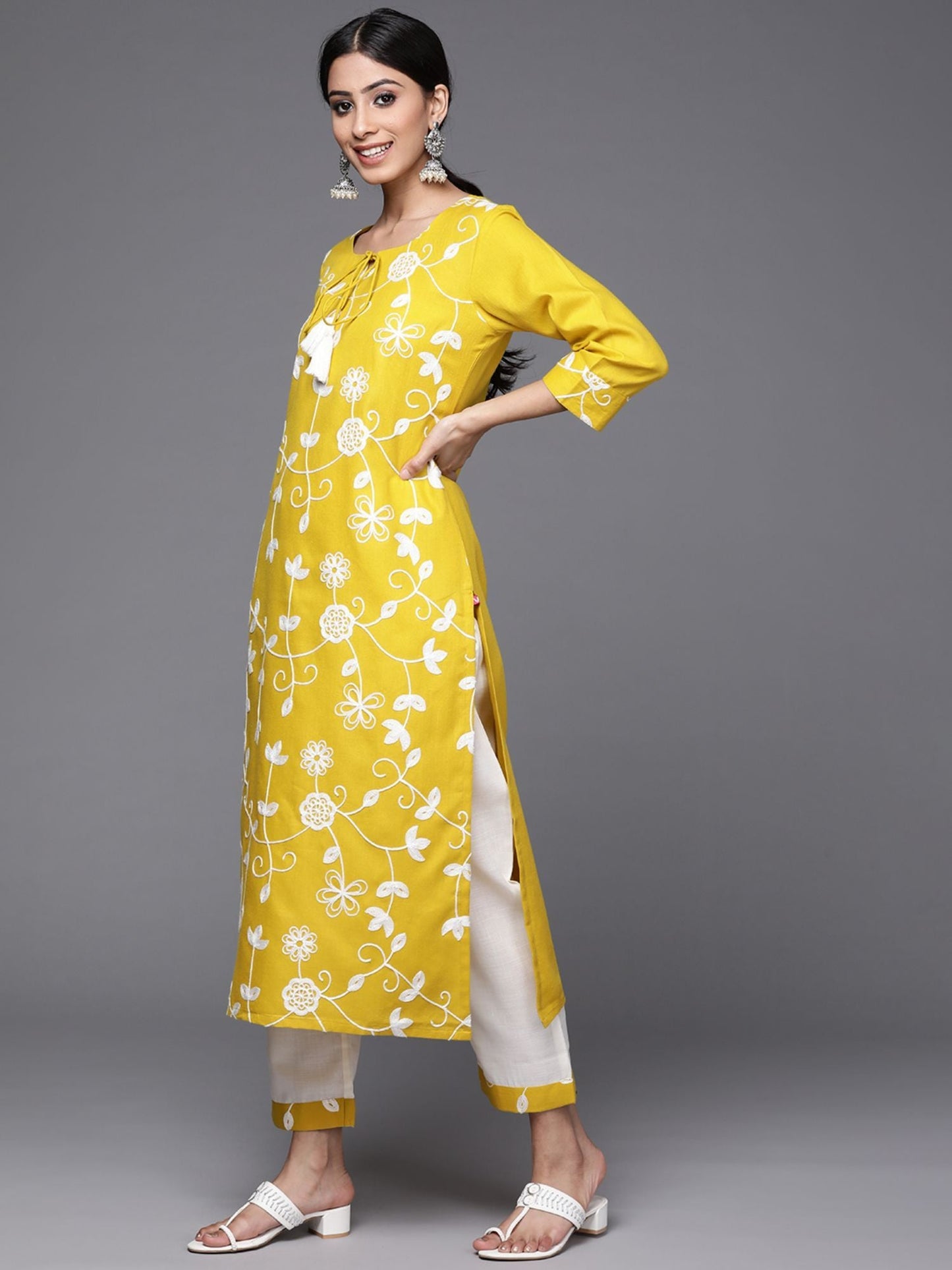 KSUT Women Yellow Embroidered Pure Cotton Kurta (Set of 3)