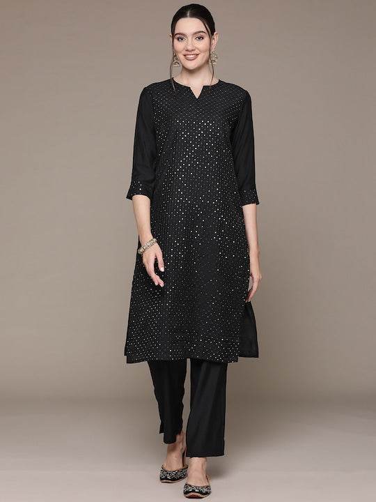 Readiprint Fashions Embroidered Sequinned Pure Silk Kurta with Trousers