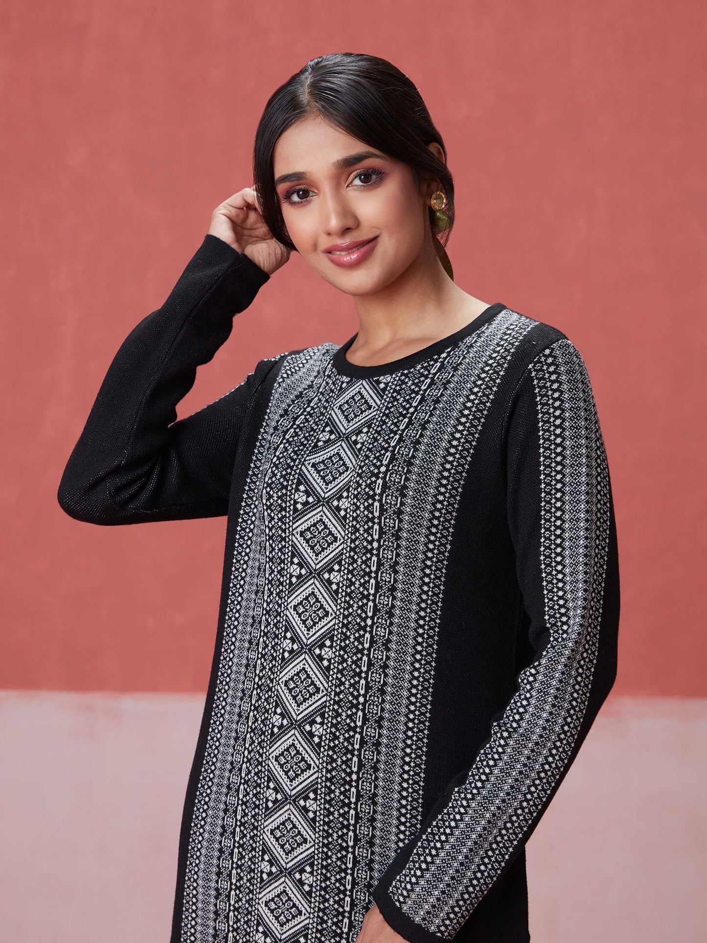 Likha Black Woollen Acrylic Jacquard Winter Kurta LIKWW05