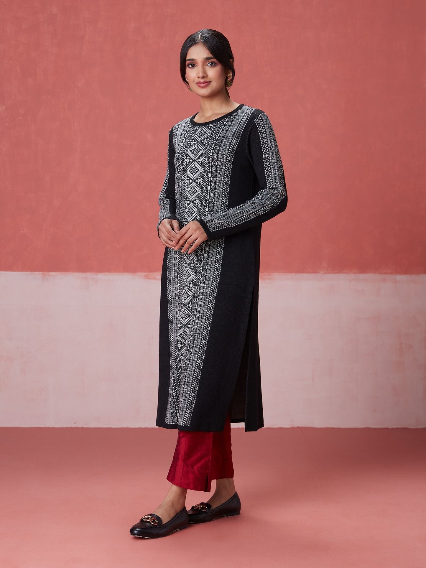 Likha Black Woollen Acrylic Jacquard Winter Kurta LIKWW05