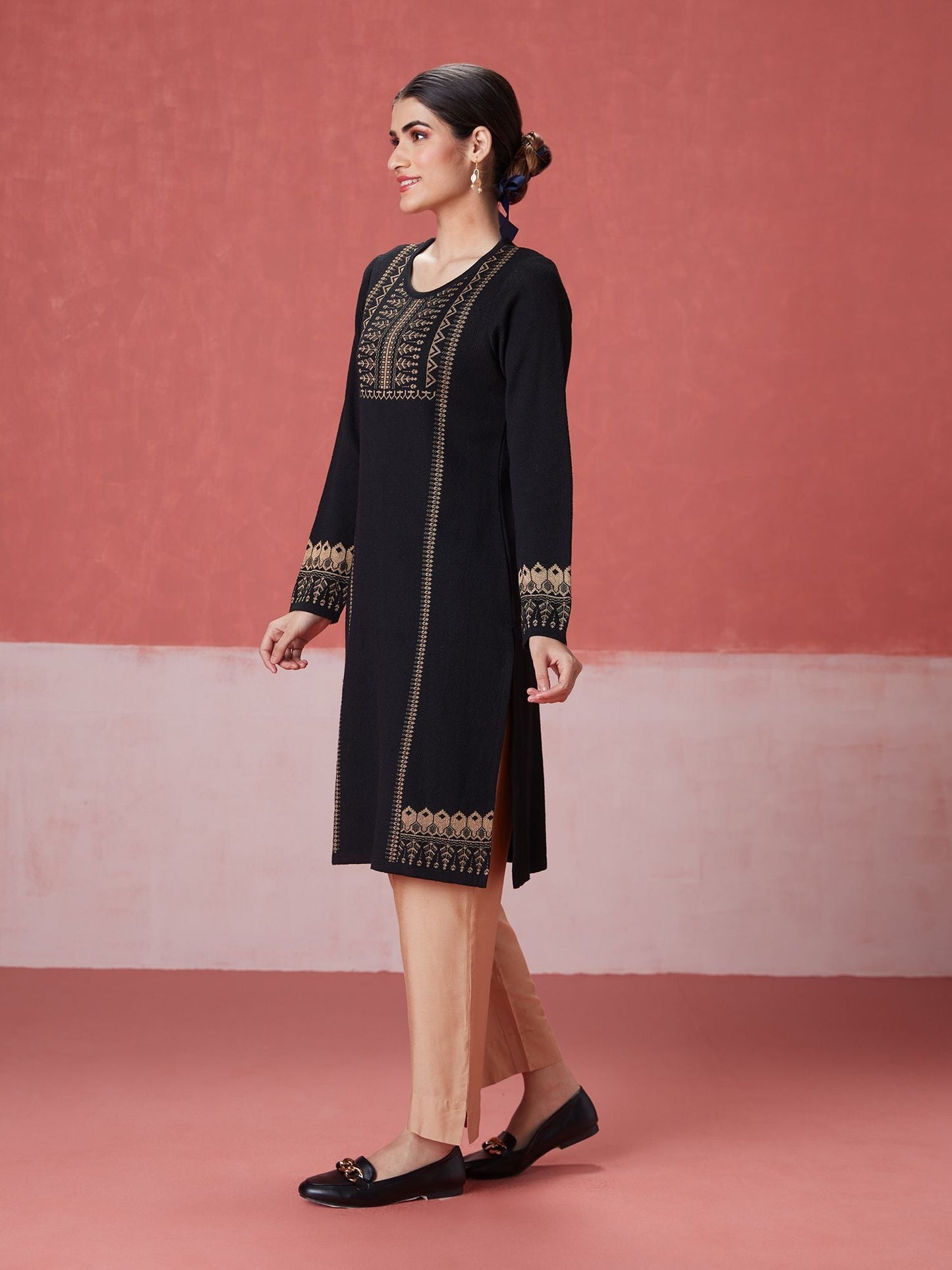 Likha Black Woollen Acrylic Jacquard Winter Kurta
