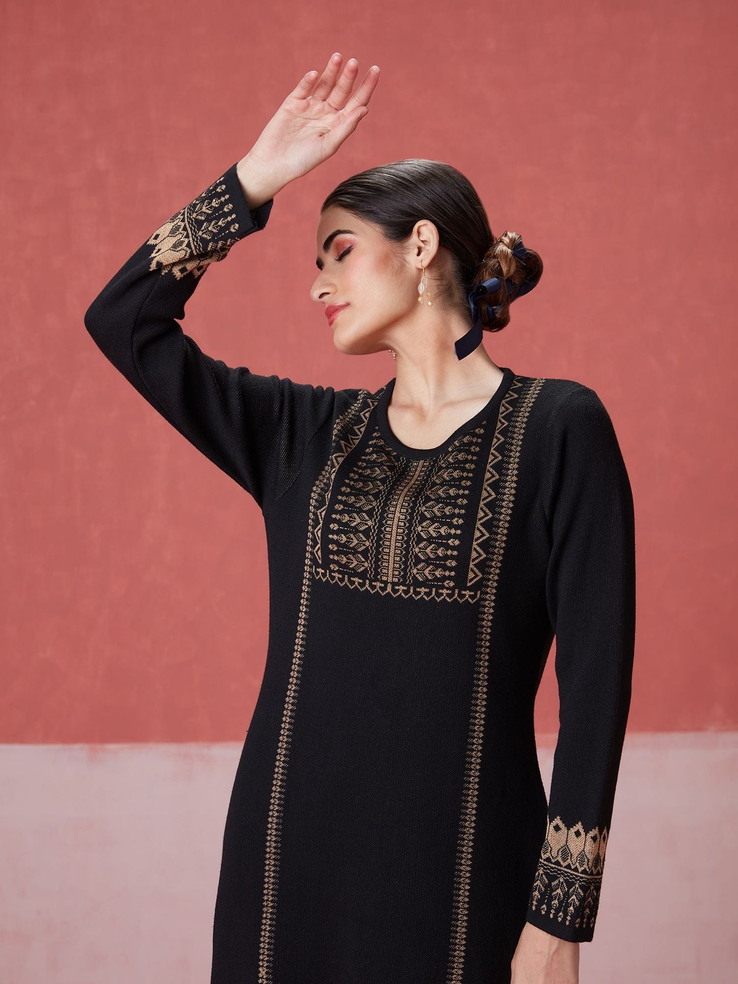 Likha Black Woollen Acrylic Jacquard Winter Kurta