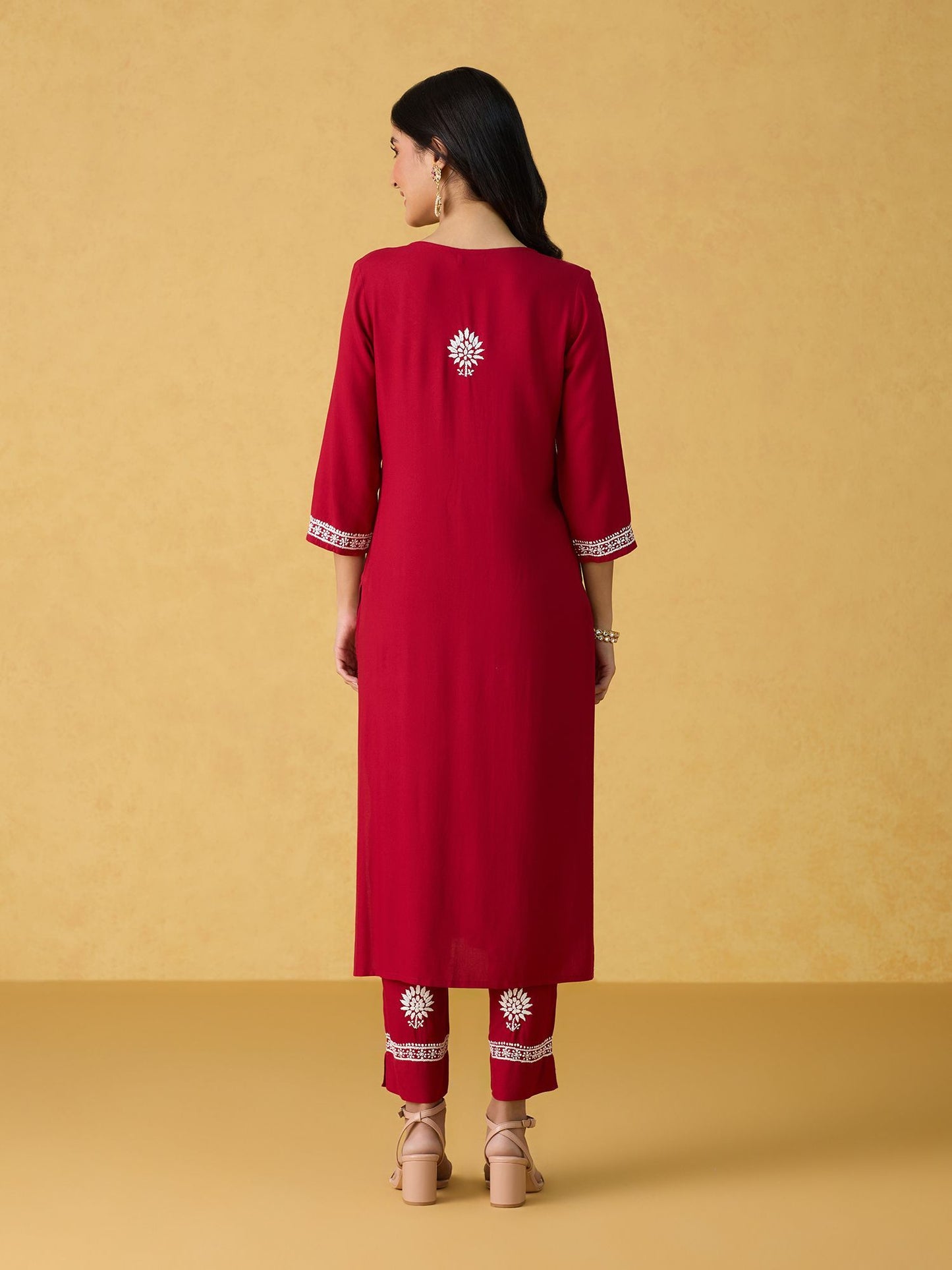 Likha Red Chikankari Kurta Pant & Dupatta LIKSKD298 (Set of 3)