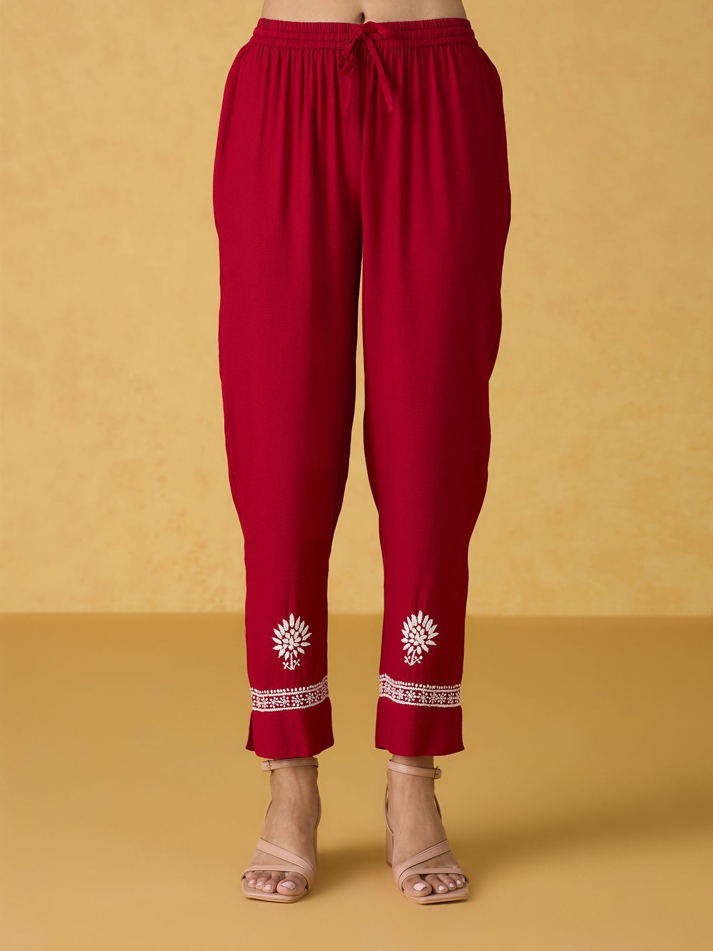 Likha Red Chikankari Kurta Pant & Dupatta LIKSKD298 (Set of 3)