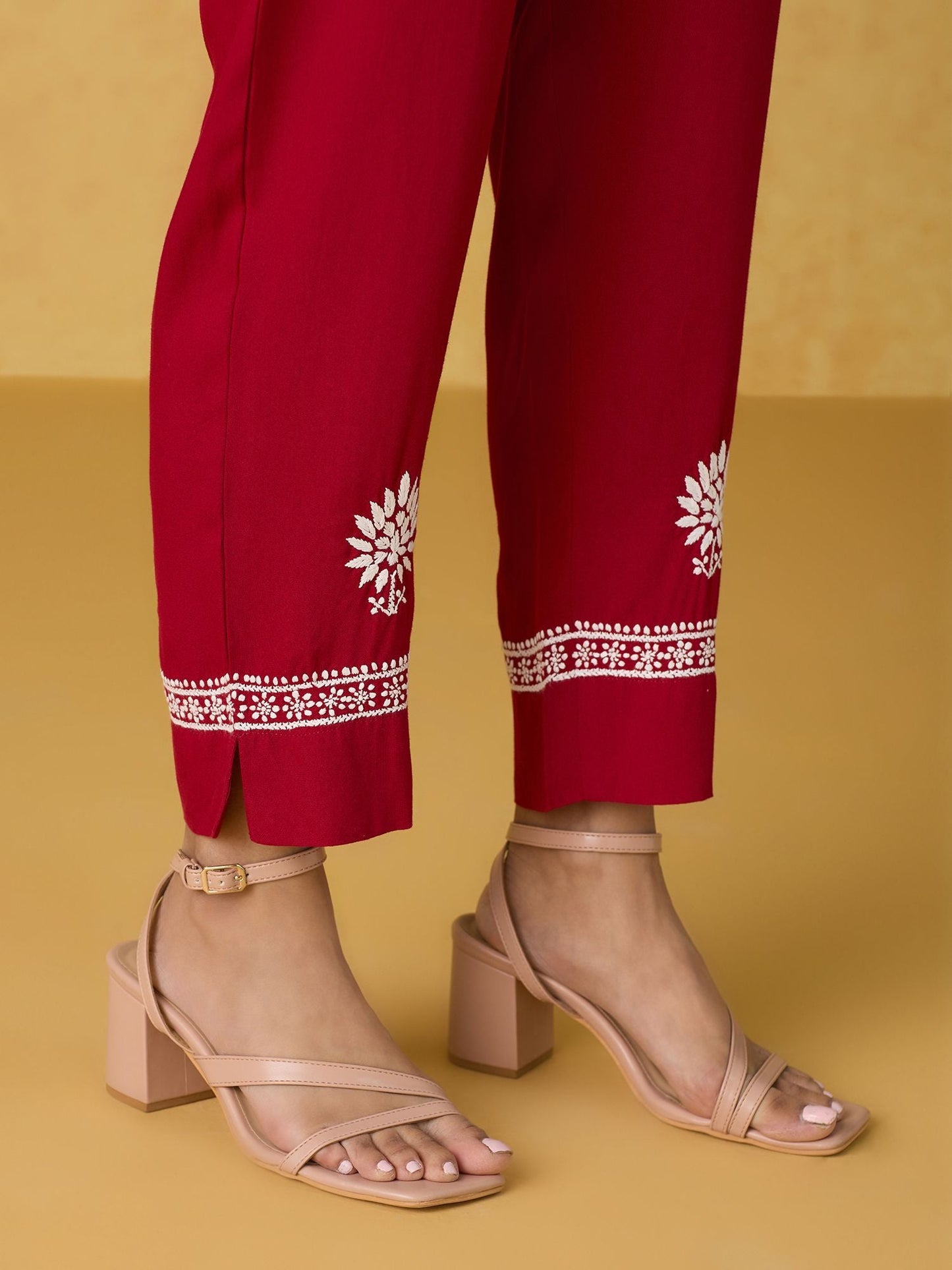Likha Red Chikankari Kurta Pant & Dupatta LIKSKD298 (Set of 3)
