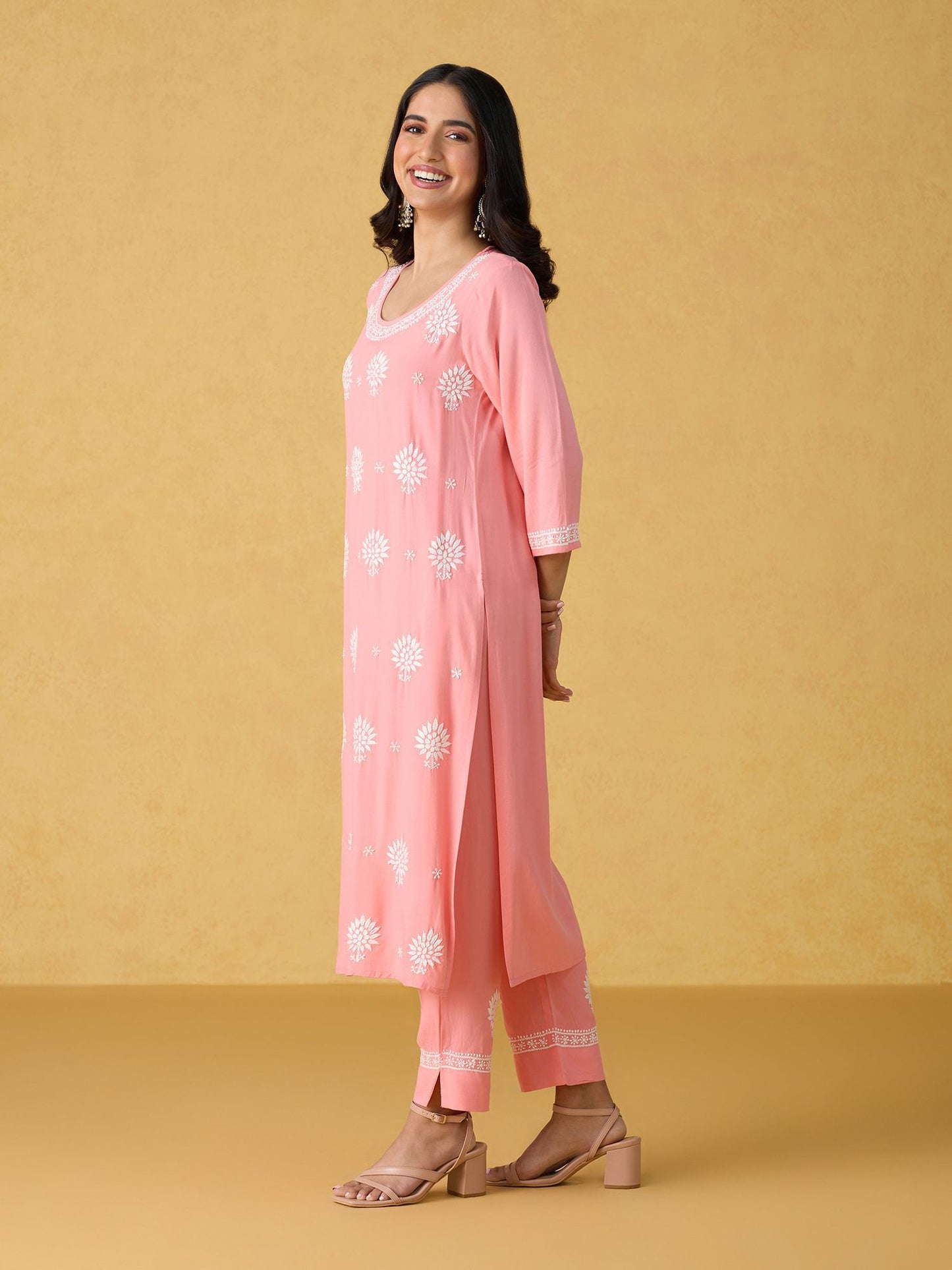 Likha Peach Chikankari Kurta Pant & Dupatta LIKSKD298 (Set of 3)