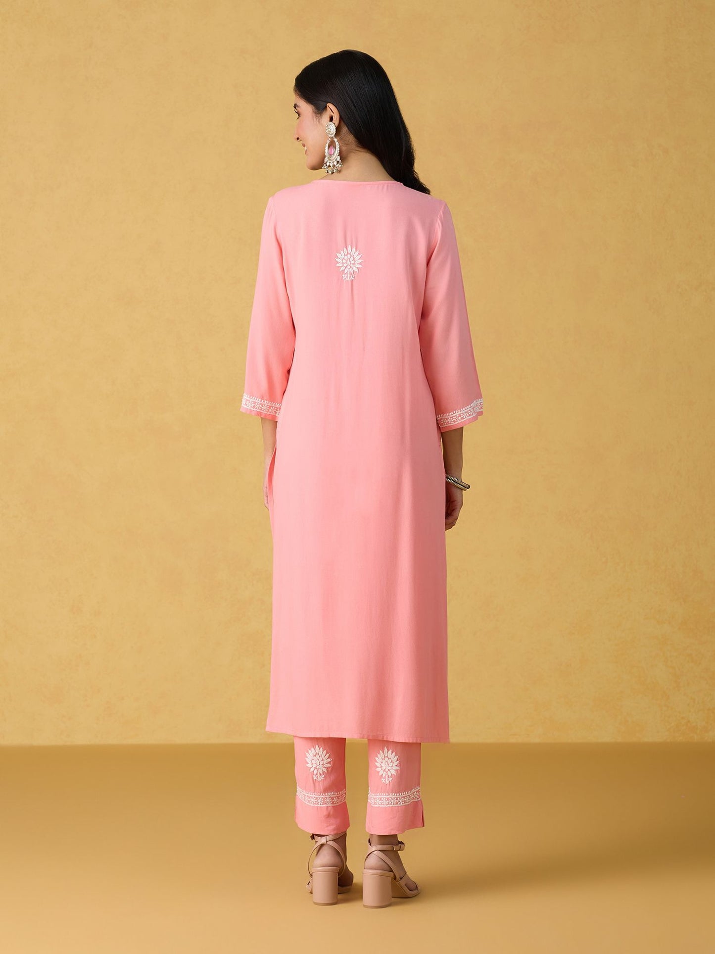 Likha Peach Chikankari Kurta Pant & Dupatta LIKSKD298 (Set of 3)