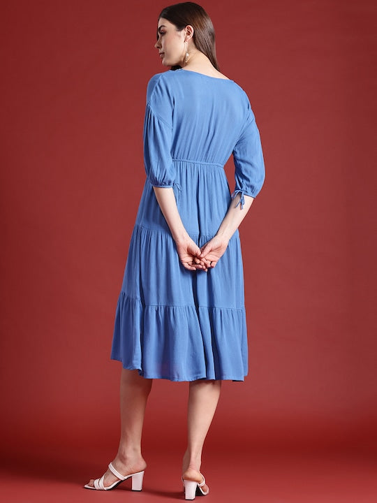 All about you Puff Sleeves Tiered Midi Wrap Style Dress