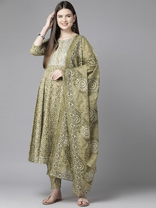 Yufta Ethnic Motifs Printed Regular Sequinned Pure Cotton Kurta with Trousers & Dupatta