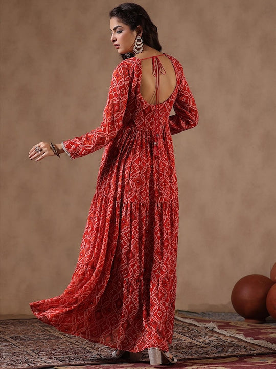 Scakhi Bandhani Printed Gathered Detail Chinon Silk Empire Maxi Length Ethnic Dress