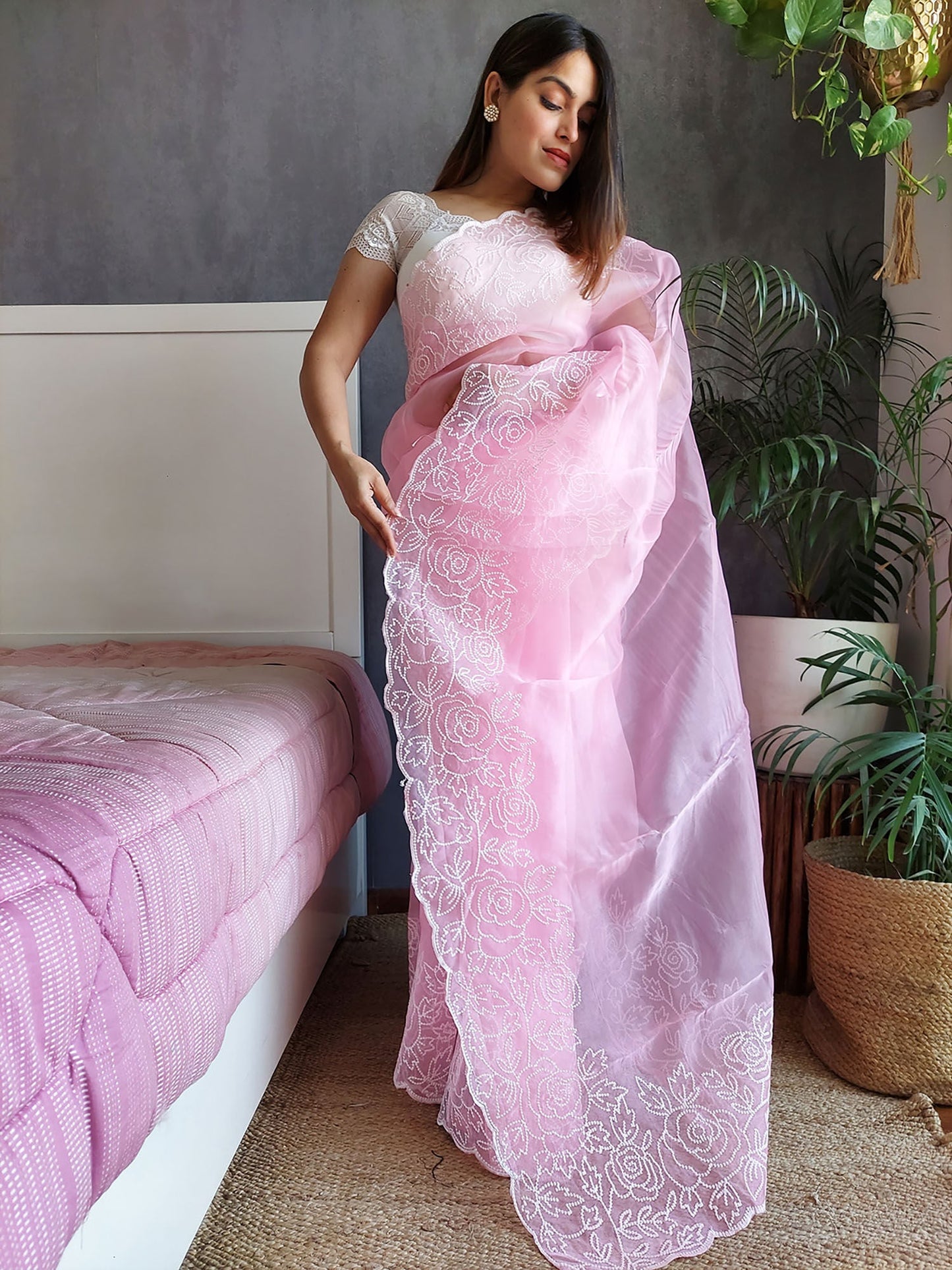 Odette Pink Organza Floral Embroidery Saree With Unstitched Blouse