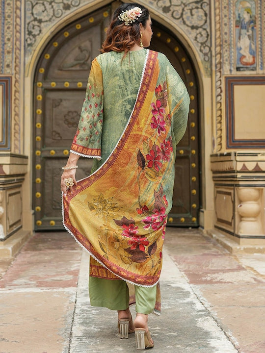 Scakhi Ethnic Motifs Embroidered Mirror Work Silk Crepe Kurta with Trousers & Dupatta