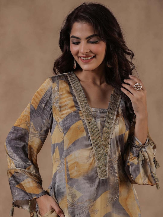 Scakhi Abstract Printed V-Neck Regular Satin Pakistani Kurta With Palazzos