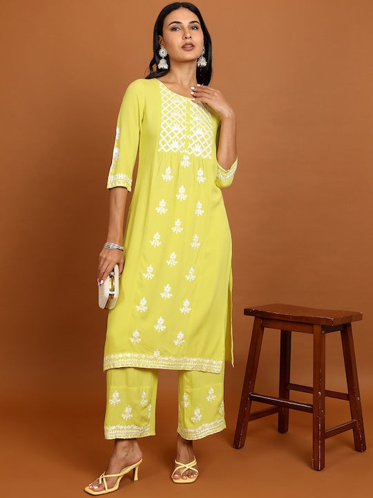 Vishudh Yellow Floral Embroidered Straight Kurta with Palazzos